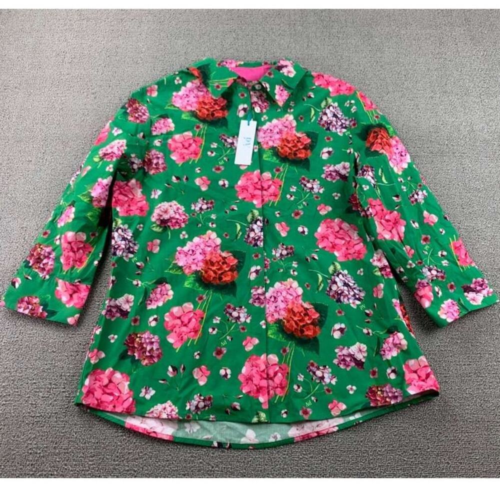 Perlavera Blouse Women L Green Floral Print Button Front Three Quarter Sleeve‎